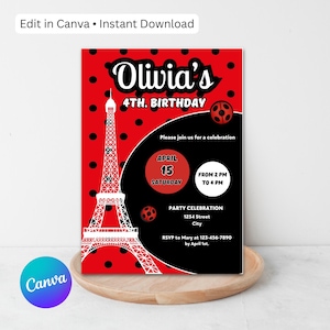 May include: A red and black birthday party invitation featuring the Eiffel Tower and ladybug details. The invitation includes the text "Olivia's 4th Birthday" and party details. The Canva logo is visible.