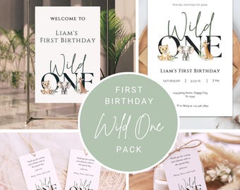 Wild One Birthday Invitation Bundle Editable | Safari Jungle Party Set Corjl | Welcome Sign + Favor Tag + Phone Invite | Digital Printable