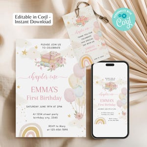 Editable Chapter One First Birthday Invitation and Thank You Tags | Corjl Template | Floral Pastel Book Theme Girl Birthday Printable