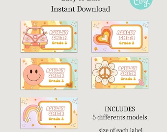 Retro Groovy School labels, Classroom Printables, Name labels for kids, Classroom Labels, School supply labels, Editable Labels