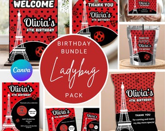 Ladybug Bundle Pack Editable in Canva, Party Deco Template, Ladybug Birthday Decor, Printable Instant Download