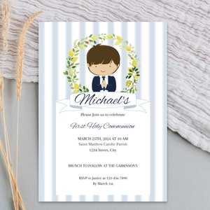 First Holy Communion, Invitation Template, Lemon Crown, Elegant Communion Invite, Editable First Communion Invitation Boy, Instant Download