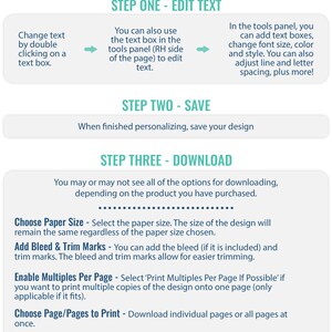 May include: A digital instruction guide with the Corjl logo. The guide provides steps for editing text, saving, and downloading a design. Instructions include choosing paper size, adding trim marks, and printing multiples.