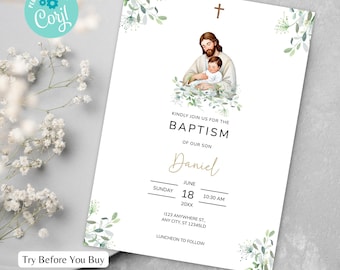 May include: A white baptism invitation with green floral accents and the text "Kindly join us for the Baptism of our Son Daniel". The invitation includes a watercolor illustration of Jesus holding a baby. The text "Editable Baptism Invitation" is at the top.