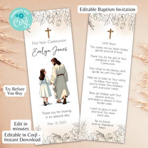 Puede incluir: Invitación de bautizo con una cruz, detalles florales y el texto "Invitación de bautizo editable". El diseño incluye una ilustración de Jesús con una niña, y el texto "Primera Comunión" y "Evelyn Jones".