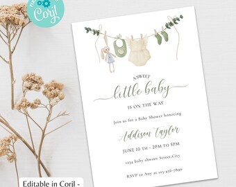 May include: A white baby shower invitation card featuring a watercolor illustration of baby clothes hanging on a line, including a plush toy, bib, onesie, and socks. The text reads A SWEET little baby IS ON THE WAY, Addison Taylor, June 10th, 2pm to 5pm.