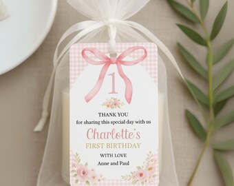 Pink Bow 1st Birthday Gift Tag Template Coquette Blush Girl First Birthday Favor Tag Elegant Pink Ribbon Thank You Tag 2x3.5 Corjl Printable