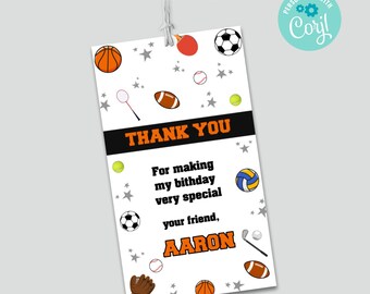 Etichette di compleanno sportive modificabili, Etichette "Bella partita", Etichette di ringraziamento per la partecipazione alla festa a tema sportivo, Etichette regalo di compleanno sportive stampabili