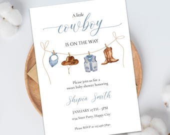 Cowboy Baby Shower Invitation Template, A little Cowboy Is On The Way Invite, Cowboy Clothesline Baby Shower, Dusty Blue Wild Western