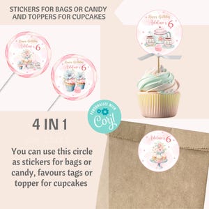 Puede incluir: Diseño imprimible cuatro en uno que presenta un círculo rosa y blanco con un diseño de taza de té y flores, el texto "Happy Birthday Adeline's 6" y un topper para cupcake con un diseño de taza de té y flores. El texto "4 IN 1" también está incluido.