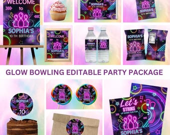 Op de afbeelding: Een verzameling feestartikelen met een glow bowling-thema. Items zijn onder meer een welkomstbord, cupcake-topper, gunstdoos, bedanklabel, waterflessen, chipszakken, lolly's, stickers, caketopper en uitnodigingen. De tekst luidt "Sophia's 10e verjaardag".