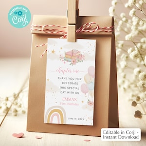 Editable Chapter One Thank You Tag – Boho Floral Pink Book Theme Favor Tag – Digital Corjl Template for Girl First Birthday Party