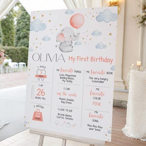 Editable Elephant First Birthday Milestone Poster | Pink Girl Birthday Board | Corjl Digital Template | Baby Shower Decor Printable
