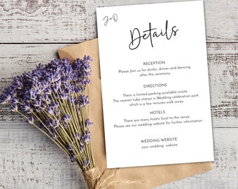 Wedding Details card, Editable Wedding Details, Wedding Details Template, minimalist wedding, printable wedding, modern wedding