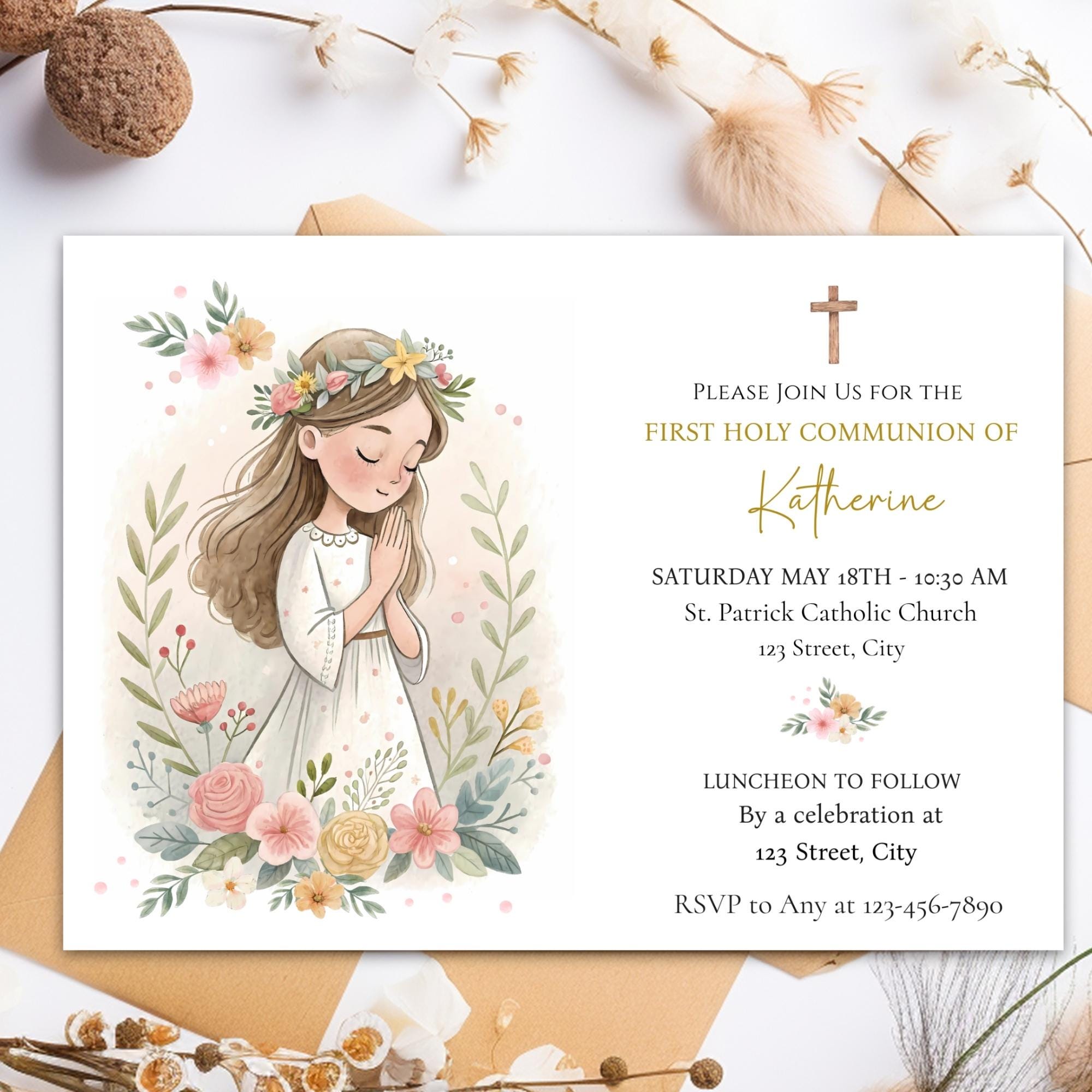 First Holy Communion, Invitation Template, Girl First Communion Invite ...