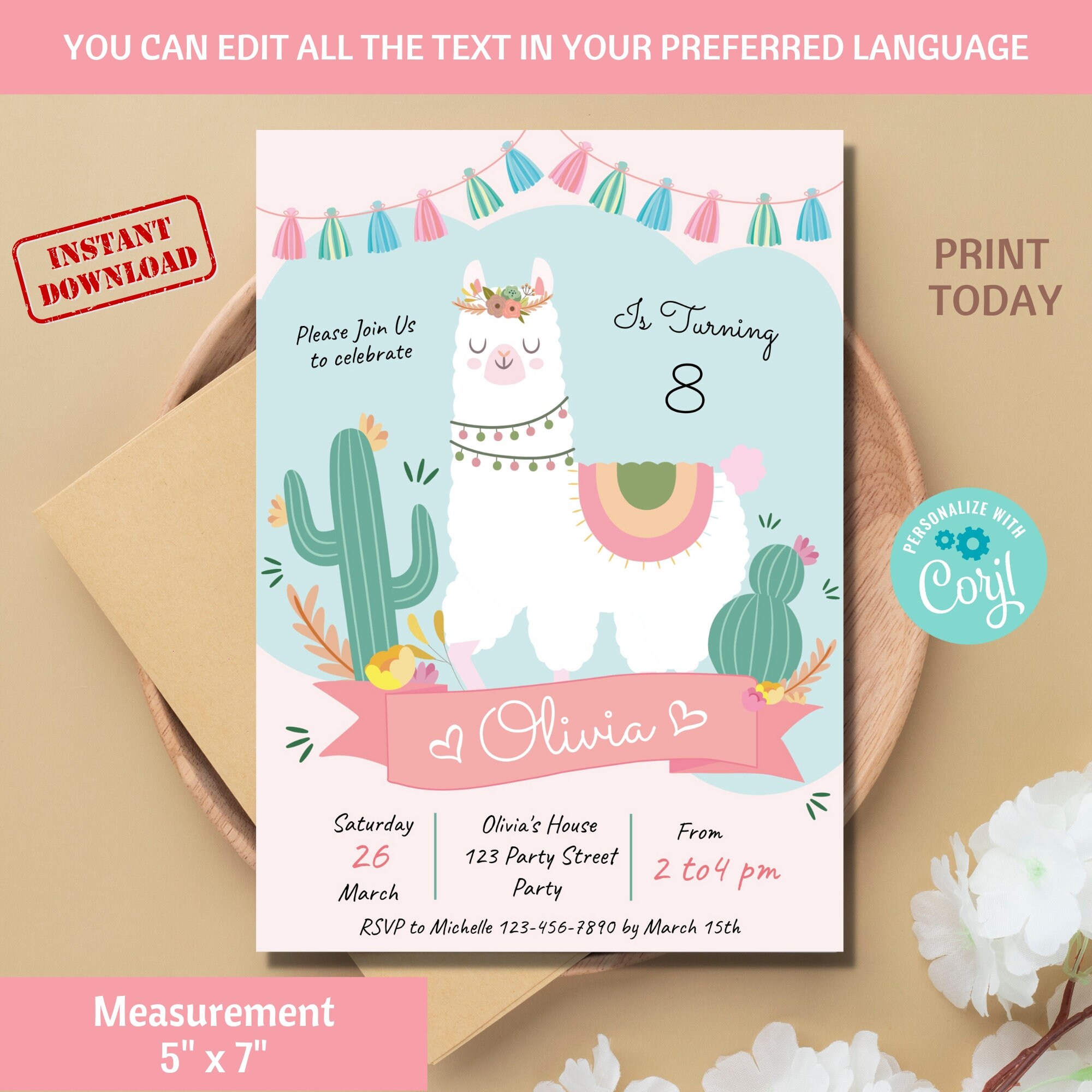 EDITABLE Pink Llama Birthday Invitation. Fiesta Llama Party Printable ...