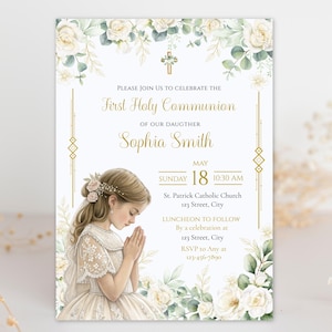 First Holy Communion, Invitation Template, Girl First Communion Invite, Editable First Communion Invitation Girl, Instant Download
