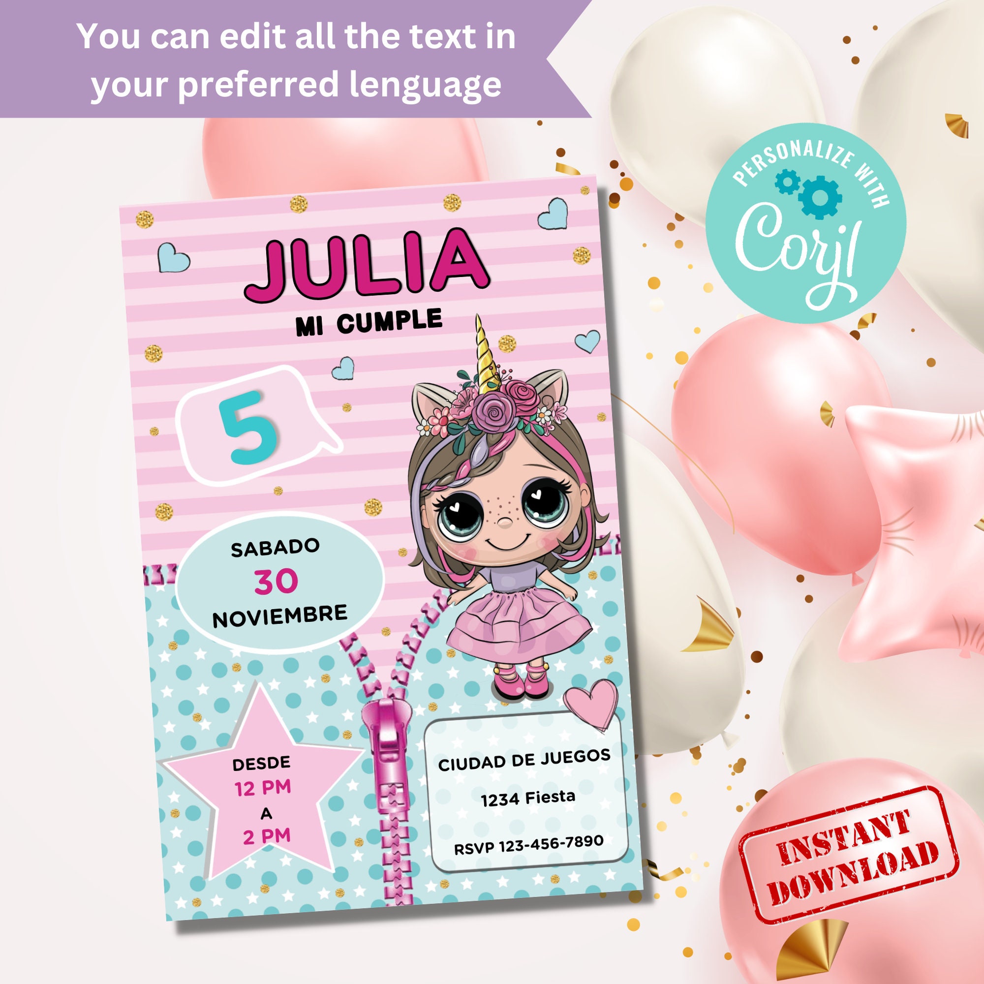 Doll Birthday Invitation, Template Instant Download, Doll Invitation ...