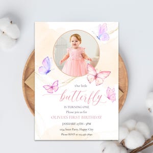 Butterfly 1st Birthday Invitation for Girls | Editable Photo Template via Corjl | Pink Watercolor Design | Instant Download