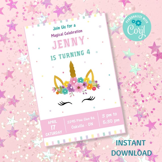 Unicorn Birthday Invitation Template, Rainbow Unicorn Invitation, Pastel Rainbow Unicorn Girls Invite, Magical Day Birthday Invitation