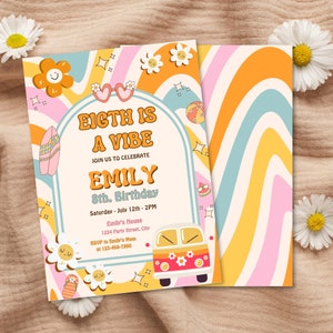 EDITÁVEL Eight is A Vibe, Convite de aniversário de 8 anos Daisy Groovy, Groovy Rainbow Pink laranja, Festa divertida de verão