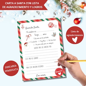 Carta Querido Santa, Carta Papa Noel, descarga instantánea imprimible, Lista de agradecimiento, lista de logros, Carta Santa en español