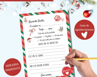 Carta Querido Santa, Carta Papa Noel, descarga instantánea imprimible, Lista de agradecimiento, lista de logros, Carta Santa en español