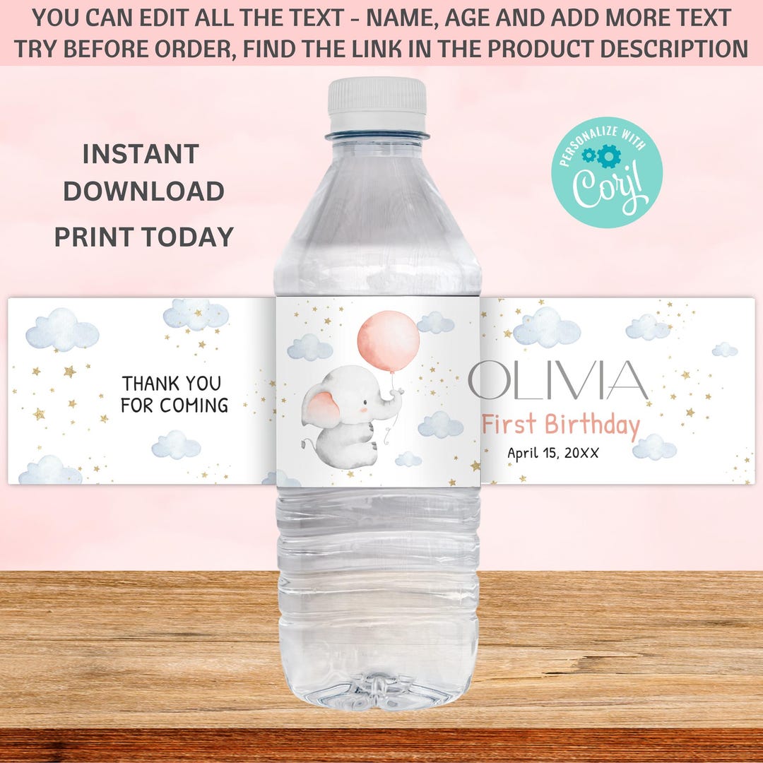 Elephant Water Bottle Labels | Editable Corjl Template | Digital Pink ...