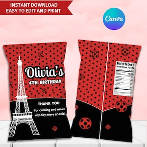 Puede incluir: Bolsas de recuerdo de fiesta con temática de mariquita, rojas y negras. Una bolsa presenta un gráfico de la Torre Eiffel blanca y el texto "Olivia's 4th Birthday". La otra bolsa tiene una etiqueta de información nutricional e ilustraciones de mariquitas.