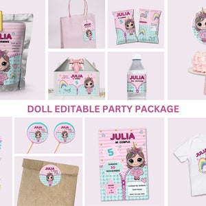 Pack d'autocollants pour fête d'anniversaire de poupée, autocollant modifiable, étiquette d'anniversaire de poupée, étiquette pour cadeaux de fête de poupée, téléchargement instantané, décoration de poupée