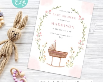 Editable Baby Shower Invitation Girl | Floral Rocking Cradle Template | Pink Baby Sprinkle Invite | Corjl Instant Download