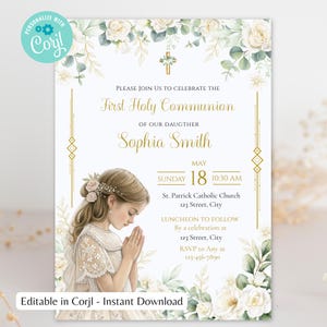 Puede incluir: Una invitación de Primera Comunión con una ilustración en acuarela de una niña rezando, rodeada de elementos florales. La invitación incluye el texto "Primera Comunión" y detalles como la fecha, la hora y el lugar.