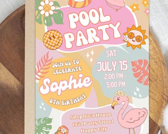 Pool Party Invitation Girl Editable Canva | Groovy Summer Birthday Invite | Flamingo Pool Party | Digital Download Instant