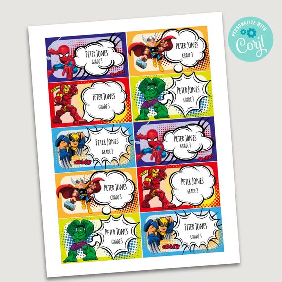 Superheroes Printables Labels, Preschool labels, Personalized kids labels,  Children’s Name Labels, School supplies stickers