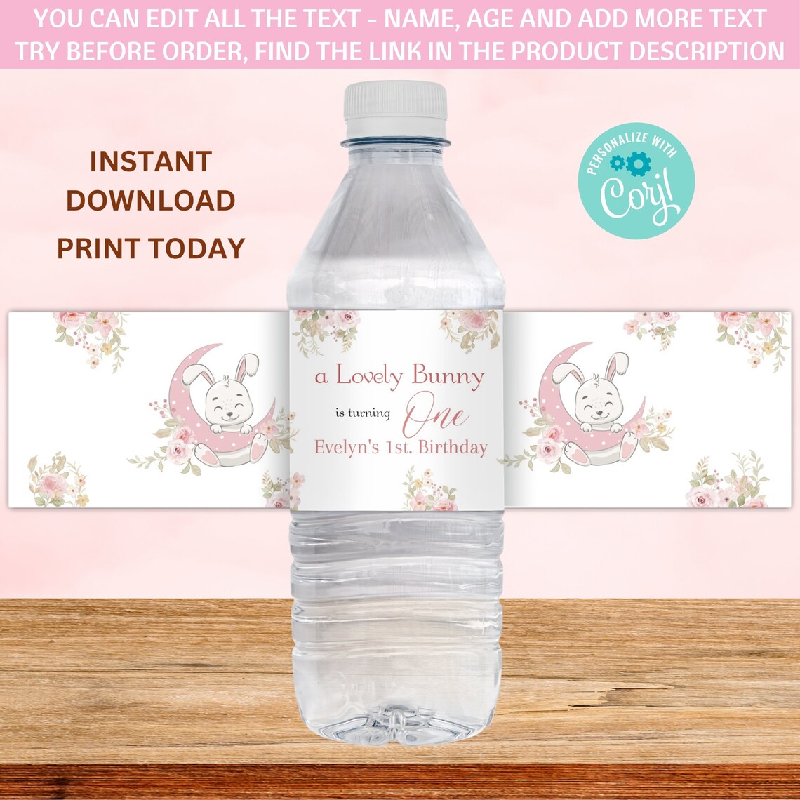 Bunny Water Bottle Label, Printable Bunny Blush Floral, 1st Birthday ...