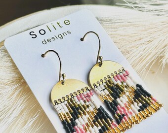 Bead fringe earrings floral design pattern gold accent beads on brass