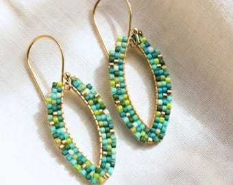 Handcrafted Marquise Brass Earrings – Blue Green Miyuki Beaded Statement Jewelry