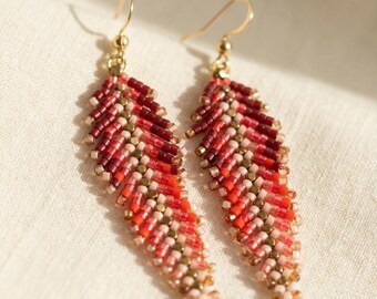 Handmade Feather Earrings – Pink Red color Seed Bead Boho Fringe
