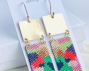 Rectangle shaped Multicolored Statement earrings brass square seed beads