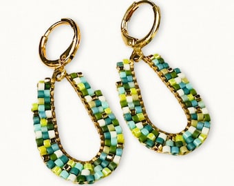 Miyuki Seed Bead Teardrop Earrings – Blue Green Lightweight Statement Earrings, Hand-Stitched Brass Hoops, Handmade Gift for Her