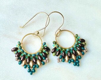 Hand Sewn Beaded Hoop Earrings, Gold Brass Dangle Drop