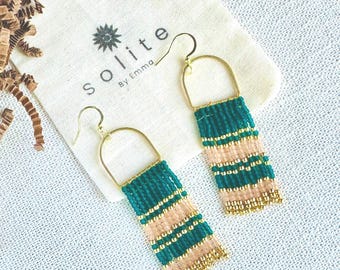Fringe Seed Bead Earrings, Turquoise Blush Pink, Brass Arch