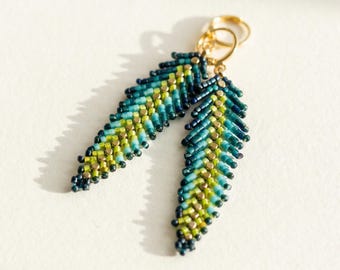 Beaded lightweight Feather Earrings – Blue green color Seed Bead Boho Fringe