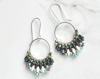 Handmade Silver Hoop Earrings, Multicolored Glass Bead Dangles