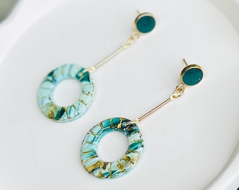 Handmade Emerald Green Polymer Clay Earrings, Gold Accent, Hypoallergenic