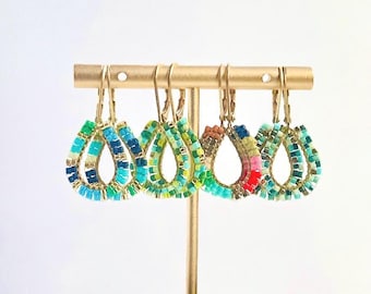 Mini Teardrop Miyuki Beaded Earrings – Blue Green Brass Statement Jewelry