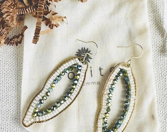 Geode Inspired Dangle Earrings, Miyuki Bead Crystal Brass Hoops