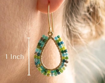 Miyuki Seed Bead Earrings, Hand Sewn Brass Teardrop, Turquoise Blue
