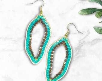 Bead dangle drop hoop gold tone brass earrings gift for her