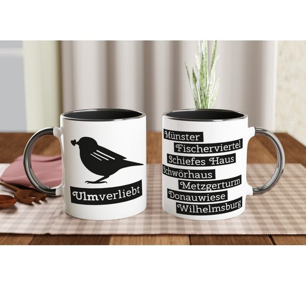 Ulmverliebt cup - white ceramic cup 325 ml black inside and black handle, Ulm, Ulmer Spatz, Ulmer Münster, souvenir, gift